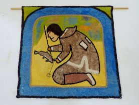 An Inuit vintage wool wall hanging depicting woman catching fish, 84cm square