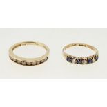 A 10k gold ring channel set diamonds, size M, 2g and a 9 carat gold ring set blue and white