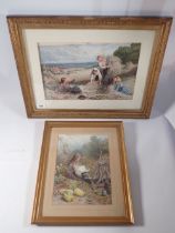 Two prints after Birket Foster - Haymaking scene 23 x 36cm and girl seated by a well reading a book