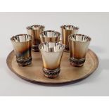 A set of six Russian white metal vodka cups and tray, with Moscow mark and 510MMET mark to base