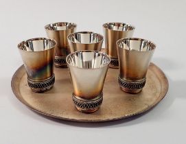 A set of six Russian white metal vodka cups and tray, with Moscow mark and 510MMET mark to base