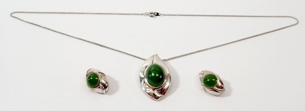 A silver and nephrite jade pair of earrings and necklace, with box