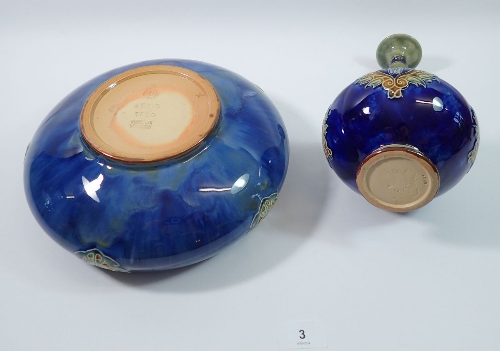 A Royal Doulton stoneware bowl with floral motifs on a blue ground and a similar long necked vase, - Image 2 of 4