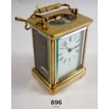 A late 19th century French brass carriage clock by Perrett, Paris, with vintage lever platform