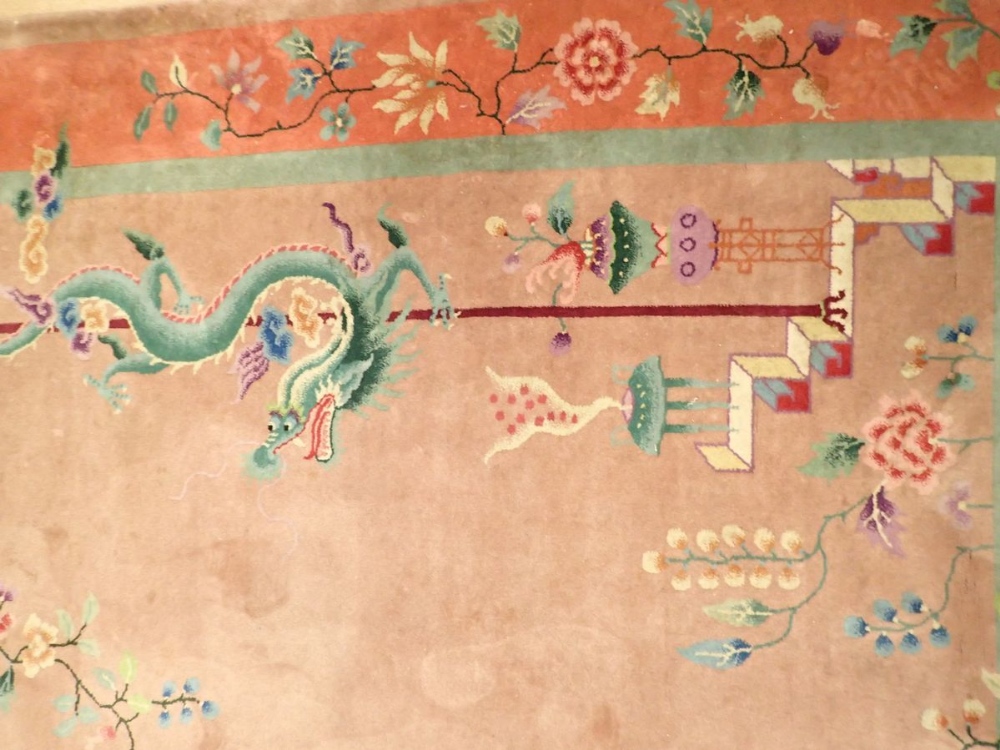 A Chinese large rug with dragons and flowers on dusty pink ground, 266 x 184cm - Image 2 of 4
