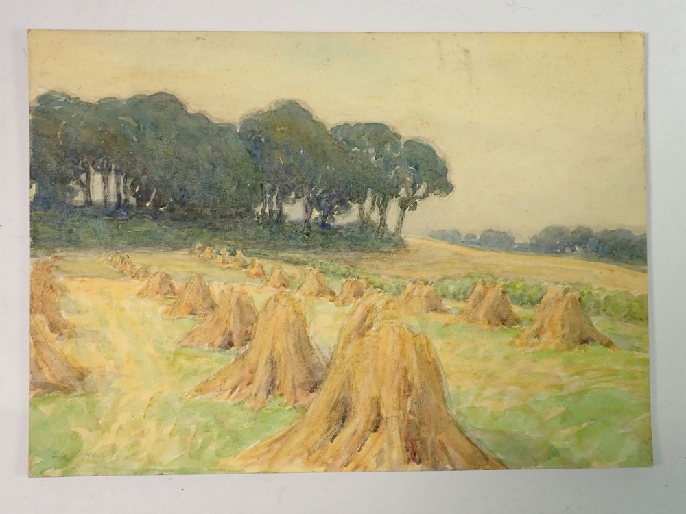 Lawrence Linnell - watercolour on card corn stooks in field, unframed, 24 x 34cm