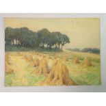 Lawrence Linnell - watercolour on card corn stooks in field, unframed, 24 x 34cm