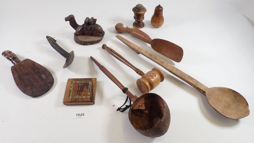 Five various ethnic spoons and various Jerusalem treen