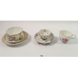 A Meissen cup painted flowers (no saucer), a floral encrusted small cabinet cup and saucer and a