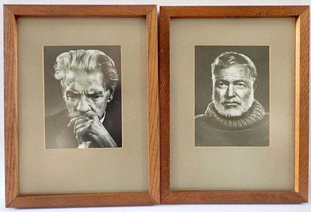 Two prints after Yusuf Karsh - Ernest Hemmingway and Albert Schweitzer, 23 x 17cm