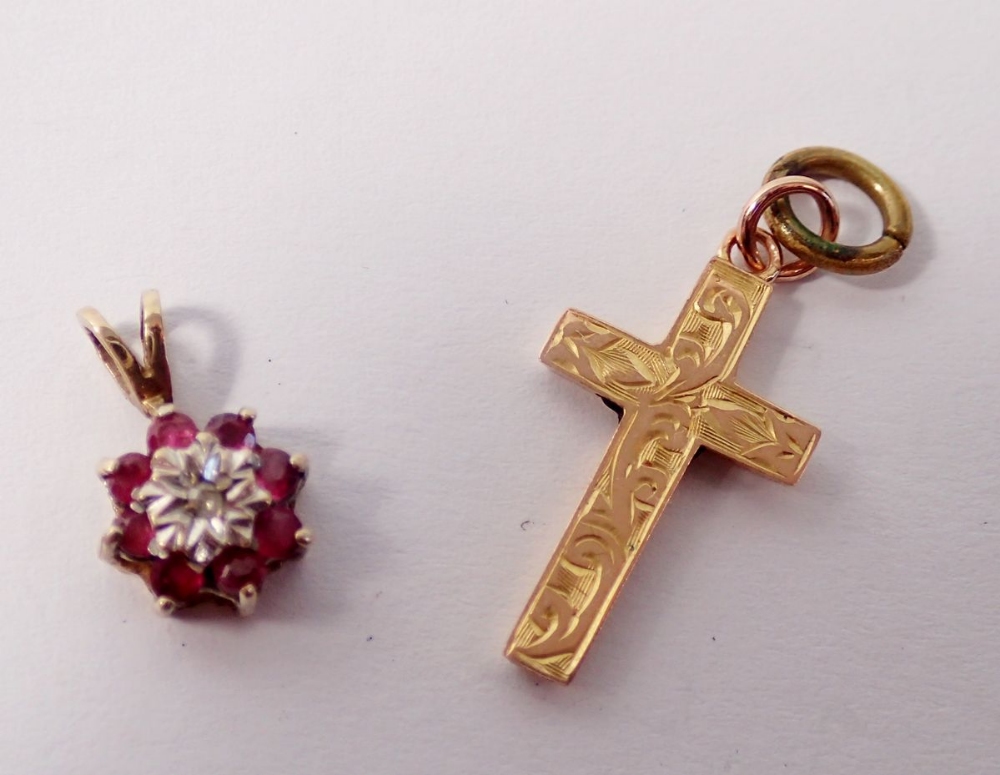 A 9 carat gold fancy link necklace, 3g, a 9 carat ruby and diamond pendant and a 9 carat gold - Image 2 of 2