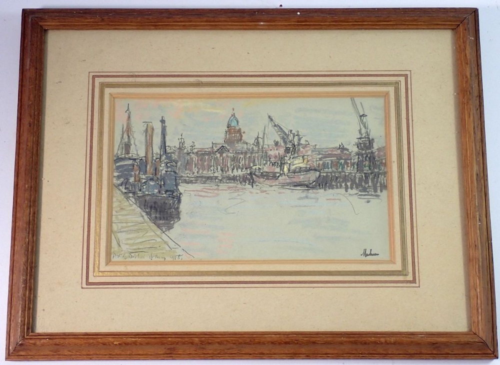 An Irish pastel and pencil sketch Port of Dublin with Custom House, signed indistinctly and dated