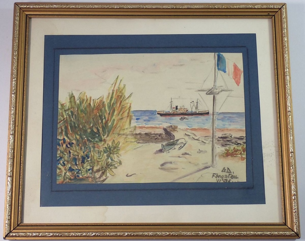 French School Tahitian watercolour beach scene with ship 'Fangatail 36' 18 x 26cm