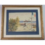 French School Tahitian watercolour beach scene with ship 'Fangatail 36' 18 x 26cm