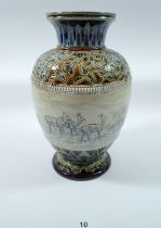 A Doulton Lambeth stoneware vase decorated deer by Hannah Barlow, 26cm tall
