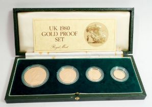 A Gold Proof Coin set 1980 comprising £5, £2, Sovereign and half Sovereign, cased with certificate