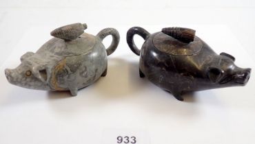 Two carved stone pig teapots, 6.5cm tall