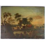 An early 19th century oil on panel of cattle, sheep and goat with herdsman by a river, 29 x 39cm