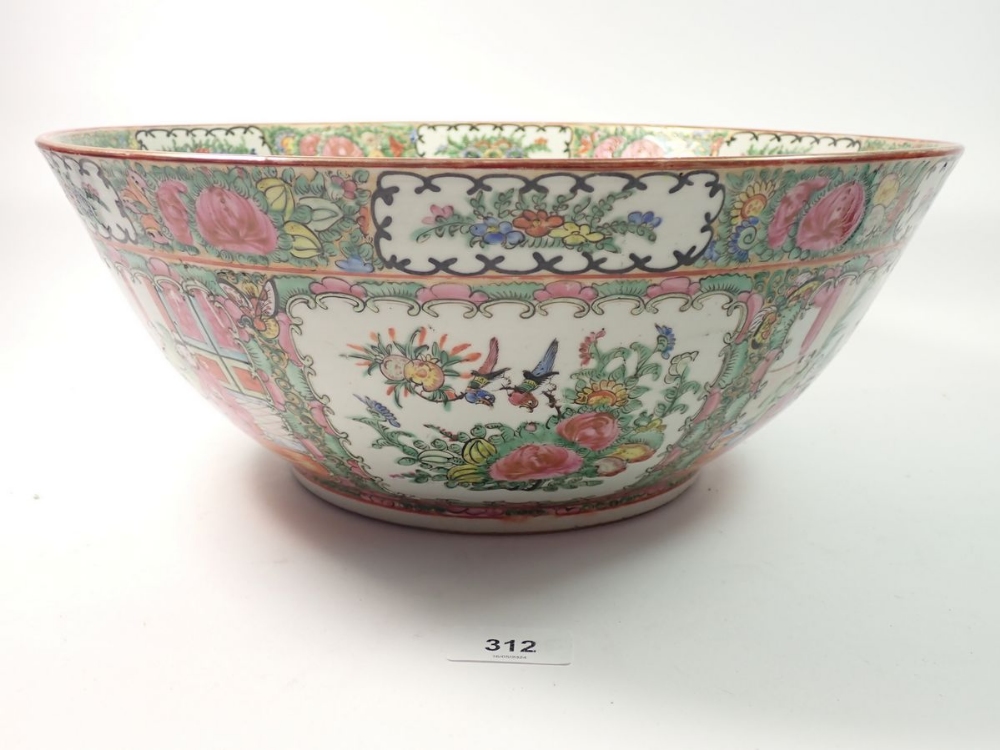A Chinese 19th century large Canton fruit bowl painted panels of flowers and interior scenes, 37.5cm - Image 2 of 7