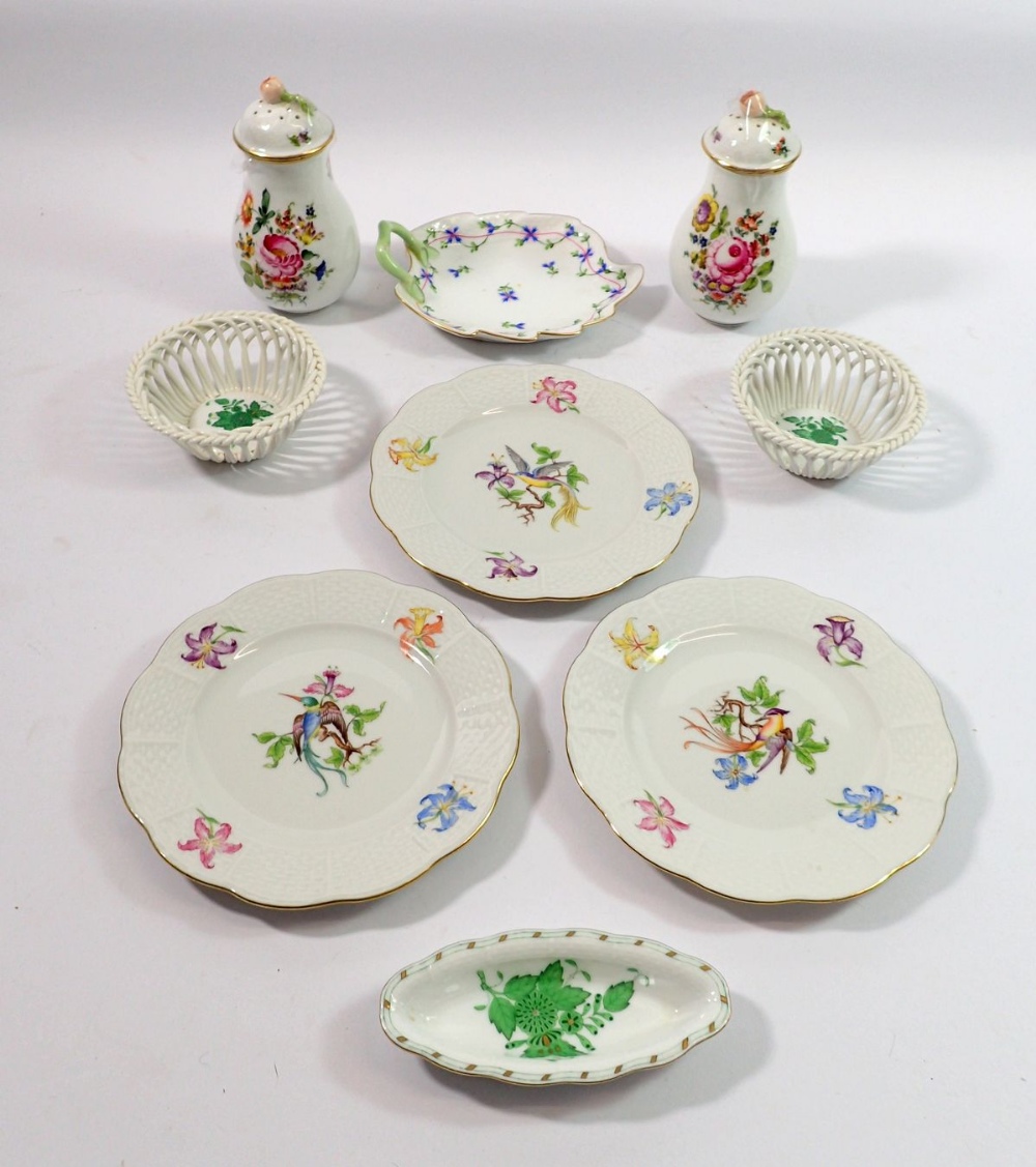 A group of Herend porcelain to include four various small dishes, three small plates and a pair of