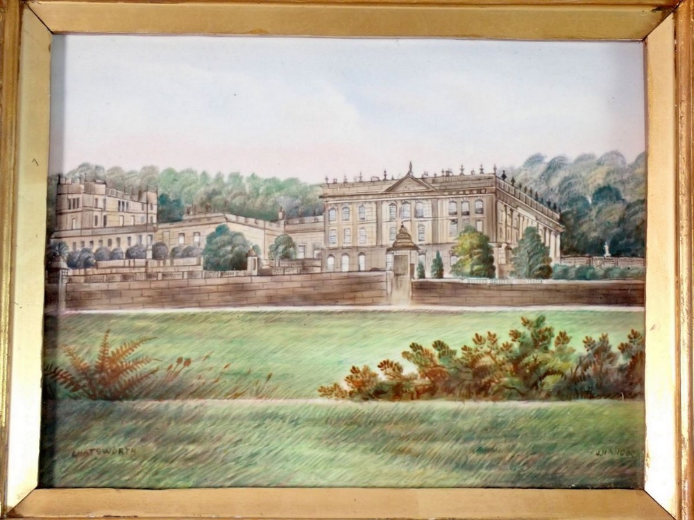 J Hancock - watercolour on porcelain panel of Chatsworth House, 17 x 33cm - Image 2 of 2