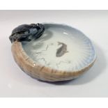 A Copenhagen basket form dish with crab to edge and painted fish to centre, 24cm wide