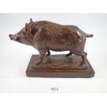 A bronze wild boar on plinth base, 24cm wide