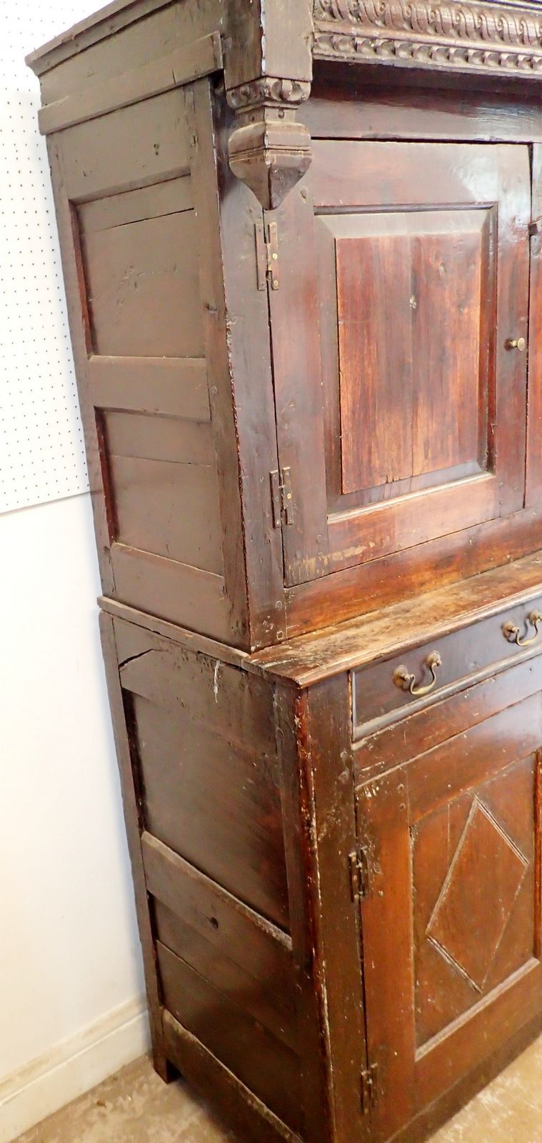 A 17th century oak court cupboard with two doors over drawers and two panelled cupboards, 140cm wide - Image 4 of 4
