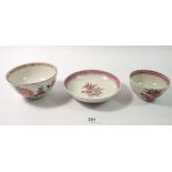 An 18th century export faille rose tea bowl - a/f and saucer with other bowl, 11cm diameter