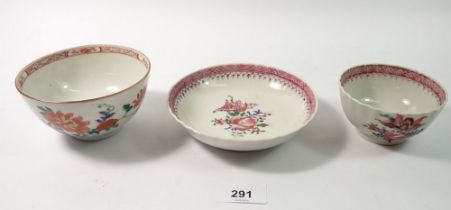 An 18th century export faille rose tea bowl - a/f and saucer with other bowl, 11cm diameter