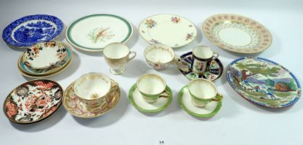 A collection of Victorian odd cups and saucers and plates etc and three cups and saucers, a/f