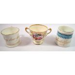 Two Victorian cups with text 'Preston Guild 1902' and My Dear Girl plus a two handled cup painted