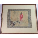 A framed Chinese silk print of lady in red, 22 x 28cm