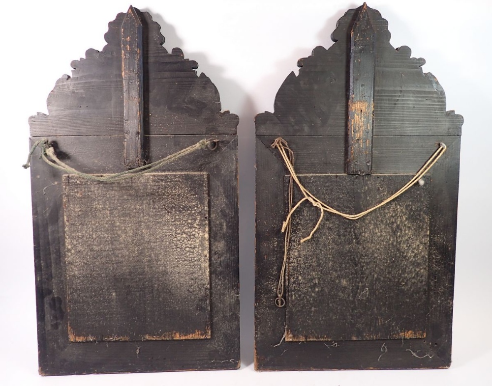 A pair of Flemish style patinated brass cushion framed mirrors, 59 x 33cm - Image 2 of 2