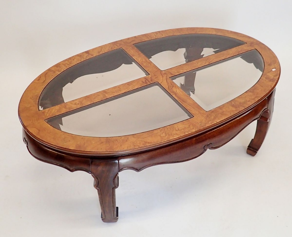 A Waring & Gillows oriental style oval coffee table with inset glass panels to top, 122 x 74 x 44cm - Image 2 of 5