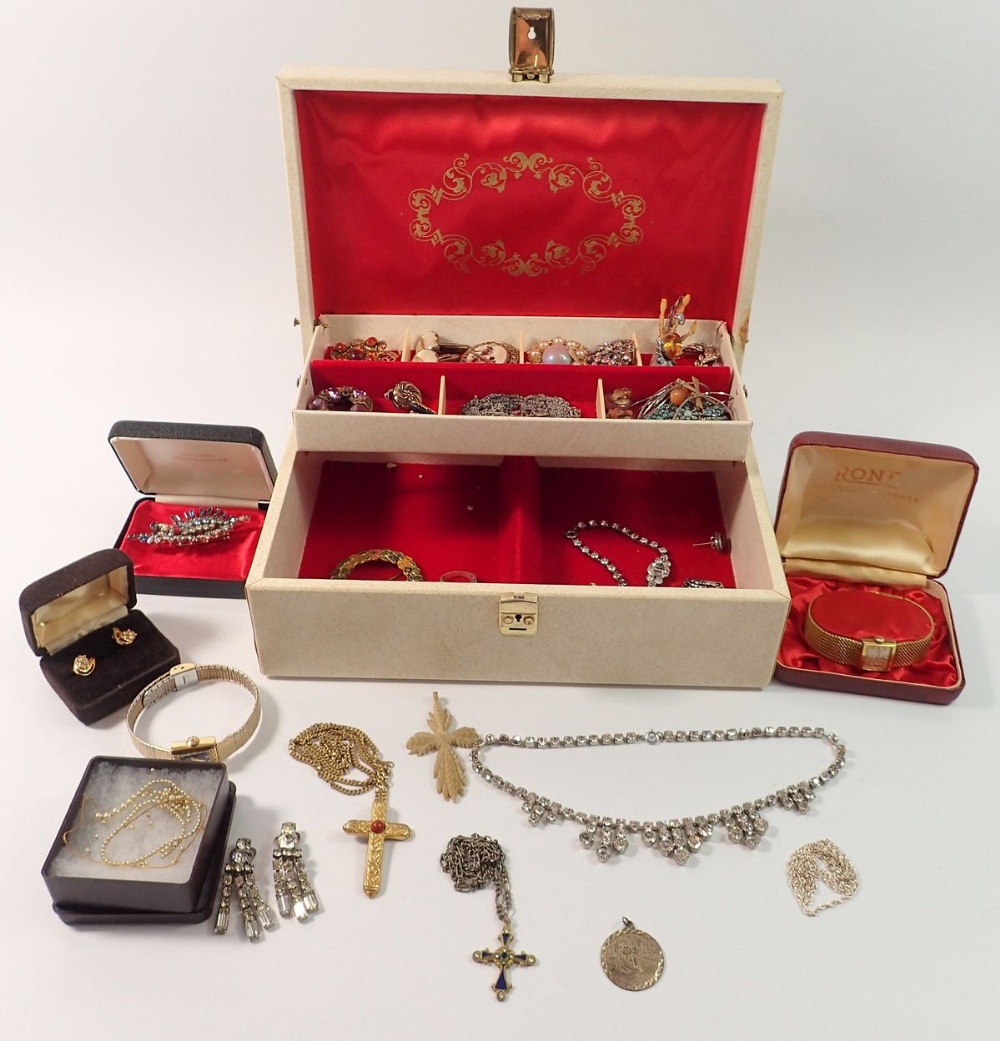 A jewellery box of costume jewellery including silver St Christopher and chain