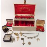 A jewellery box of costume jewellery including silver St Christopher and chain