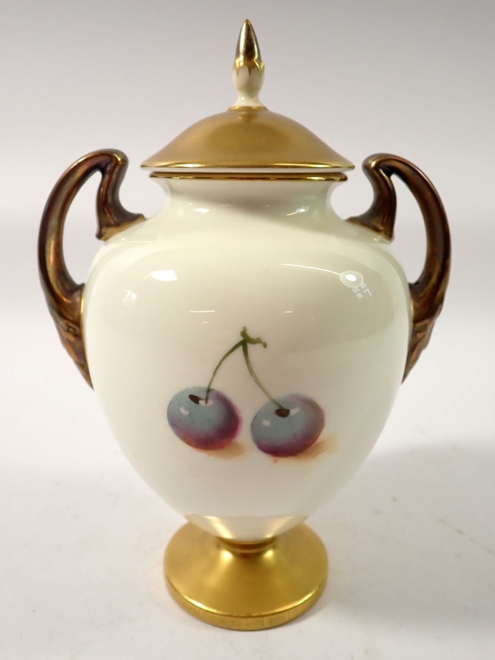 A Royal Worcester two handled urn form vase and cover painted fruit by Roberts, 17cm tall - Image 2 of 5
