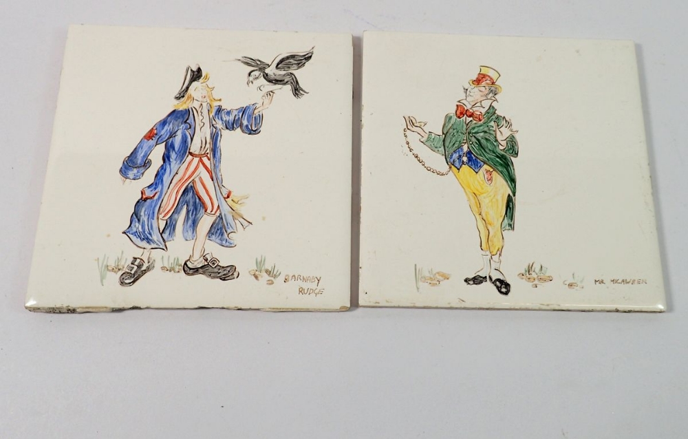 Two vintage H & R Johnson tiles painted Dickens figures, 15.5cm sq