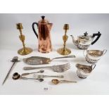 A box of metalware including copper coffee jug, brass candlesticks etc.