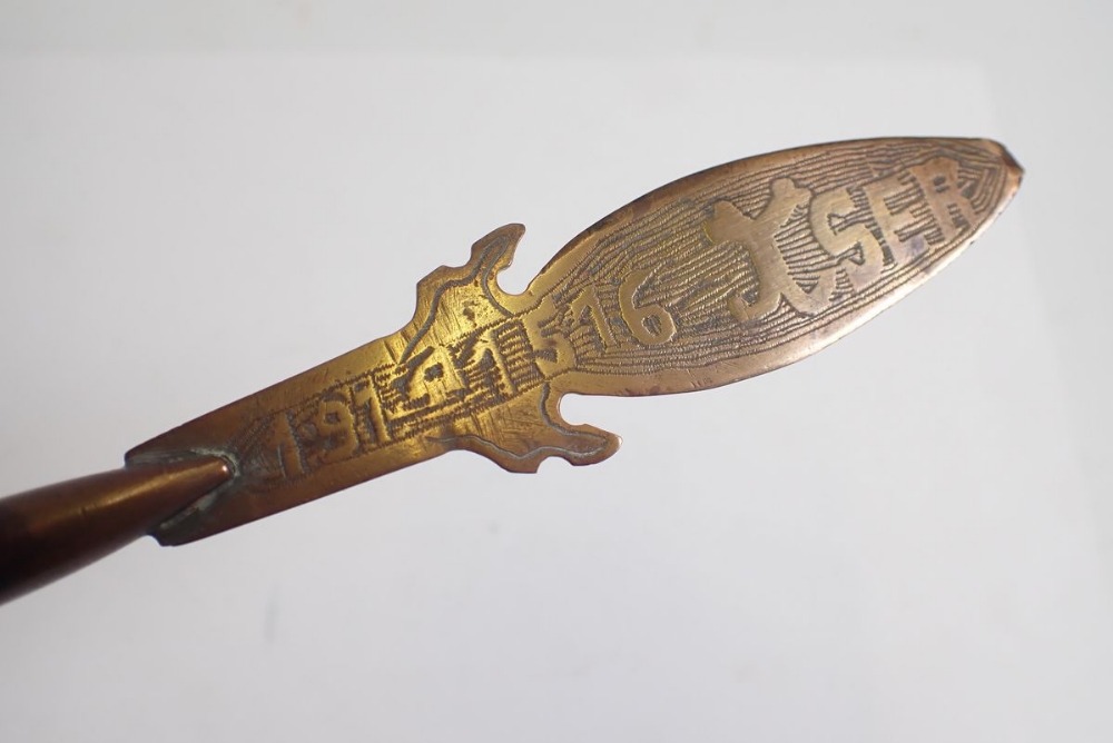 A copper Trench Art paperknife, a Royal Navy Copper measure with anchor mark to base and a glass - Image 3 of 4
