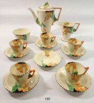 A Burleigh Ware Meadowland Art Deco coffee set comprising coffee pot, five cups and saucers, sugar