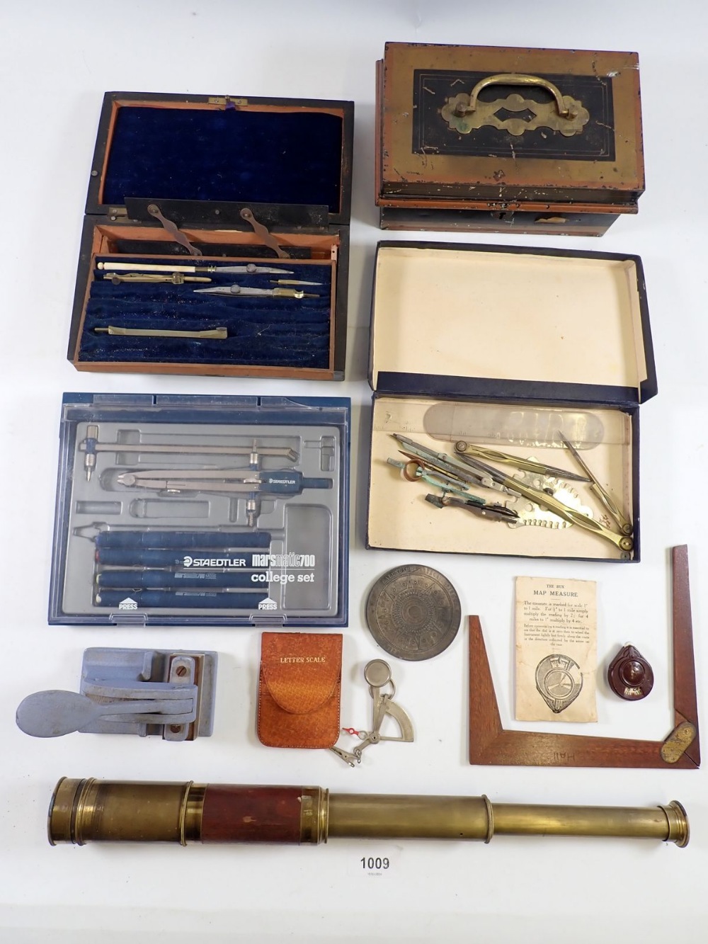 Various drawing instruments and an old cash box etc