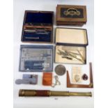 Various drawing instruments and an old cash box etc