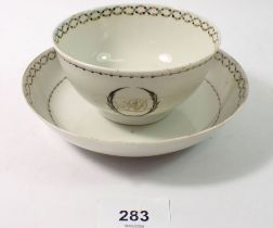 An 18th century Chinee export grisaille and gold decorated bowl and saucer 'AD' initials, 15.5cm