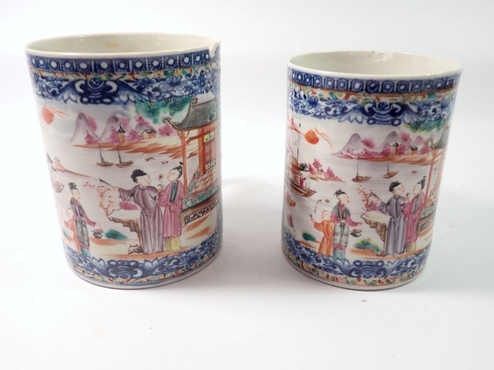 Two Chinese 18th century famille rose tankards painted landscapes with dignitaries and pleasure - Image 2 of 3