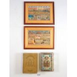 Two Shalom of Safed marquetry pictures of Jerusalem and a white metal and turquoise inlaid Jewish