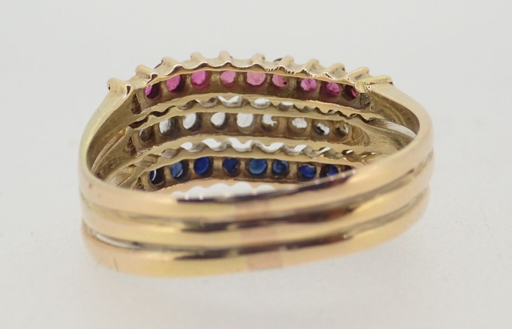 A 14 carat gold triple band ring set red, white and blue stones, size O to P, 4g - Image 4 of 4