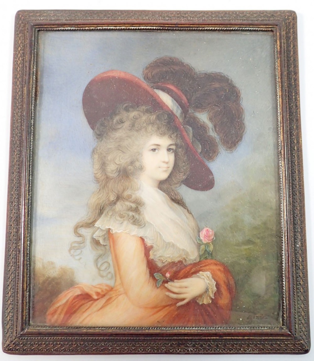 A 19th century painted on ivory miniature portrait of lady in the style of Gainsborough signed