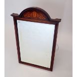 An Edwardian mahogany arch top mirror with satinwood paterae and foliage inlay, 46 x 75cm